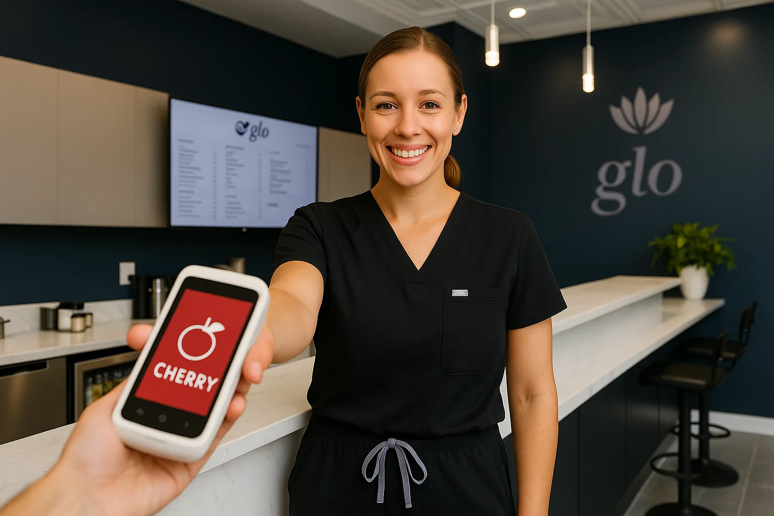 Home 8 a woman holding a phone